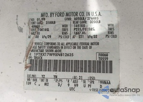 1999 Ford F-150 Lariat/Work Series/Xl/Xlt из США, поврежденный, VIN 1FTRX17W9XNB12635